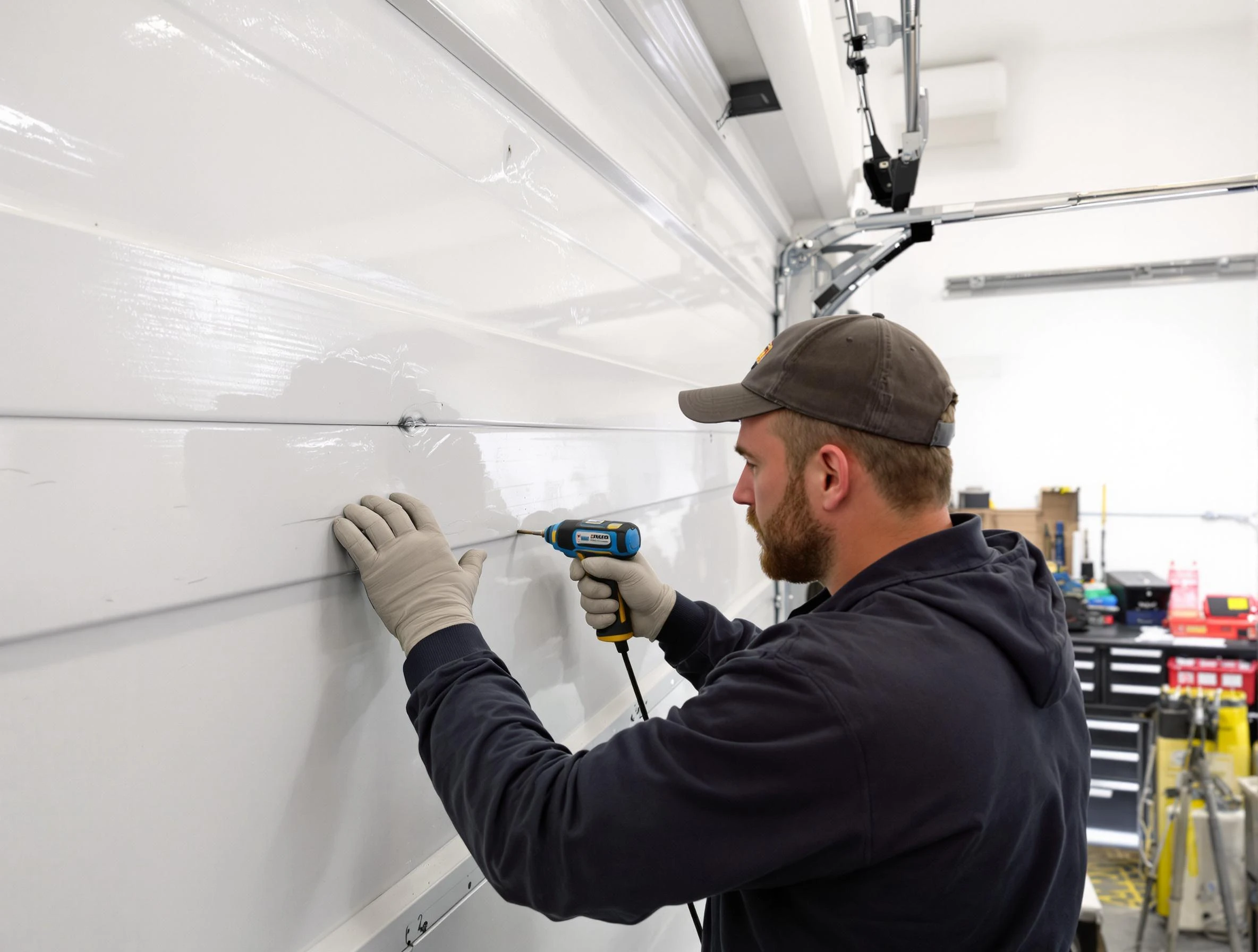 North Strabane Garage Door Repair technician demonstrating precision dent removal techniques on a North Strabane garage door